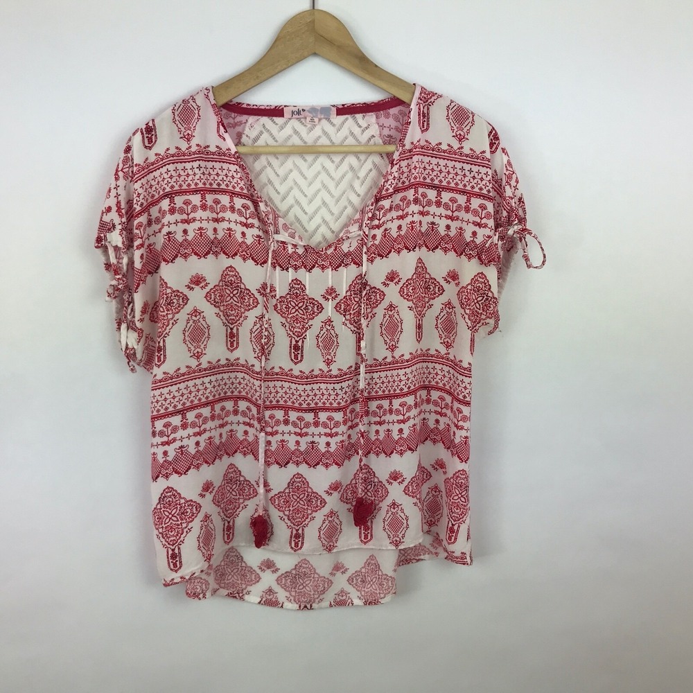 Jolt Top Juniors Large Red White Geometric Blouse Tassels Crochet Back Pullover